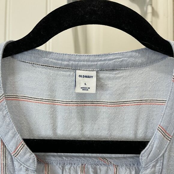 Old Navy Striped Light Blue Button Up Linen Blend Dress Coastal Beachy Womens L - Picture 10 of 11